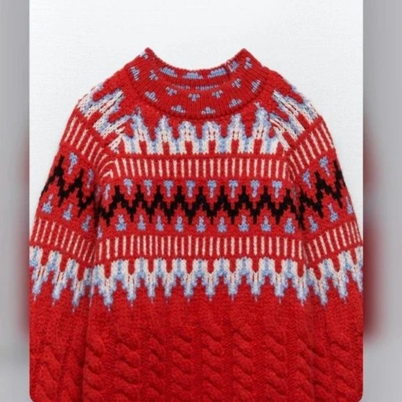 ZARA CABLE KNIT JACQUARD SWEATER Red Fair Isle LONG SLEEVE RED 5802/145 M NEW - Picture 5 of 9